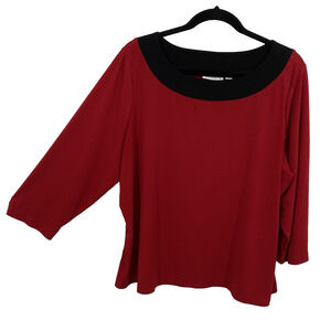 Susan Graver 1X Top Red Black Banded Boatneck 3/4 Sleeve Slinky Knit Pullover